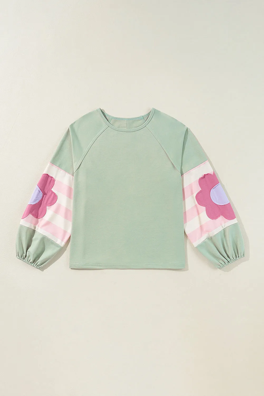 Smoke Green Flower Patchwork Raglan Sleeve Exposed Seam Oversized Top