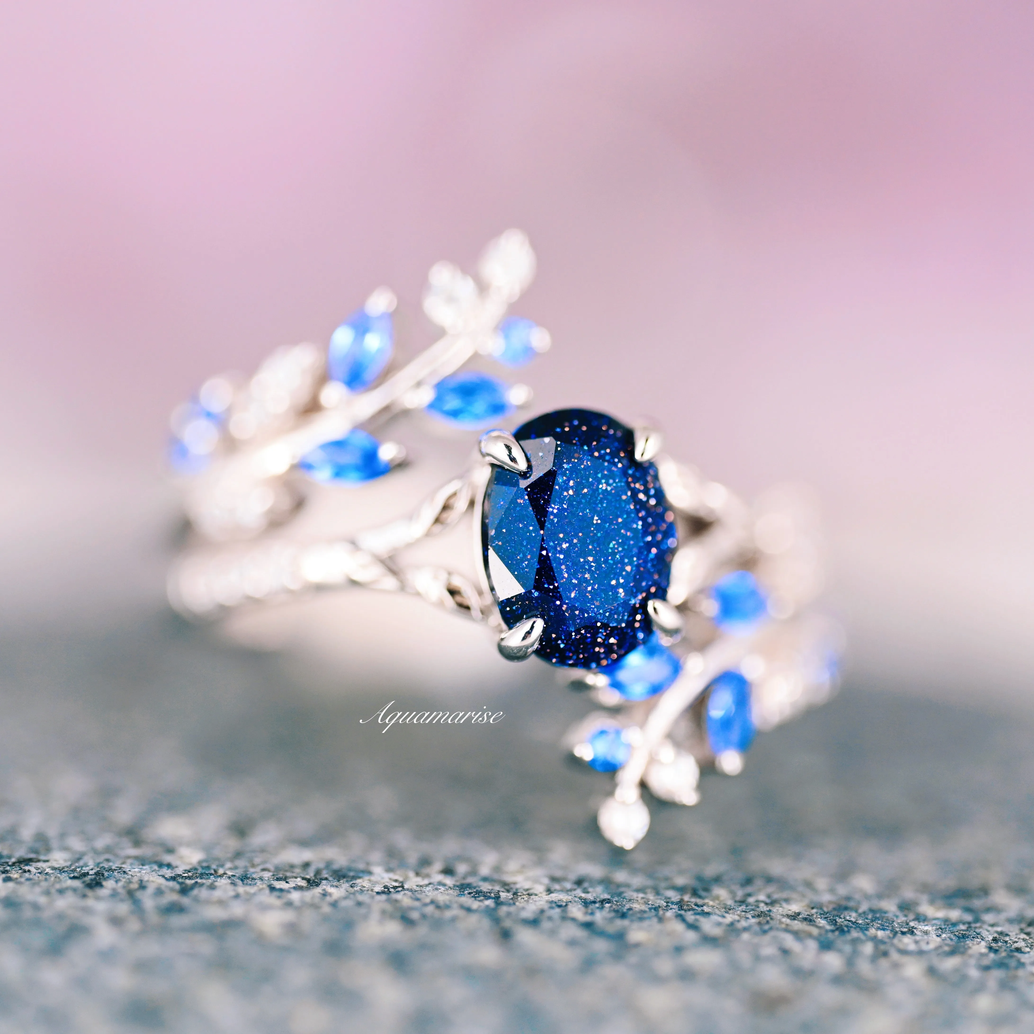 Starry Night & Sapphire Leaf Engagement Ring Set- Sterling Silver