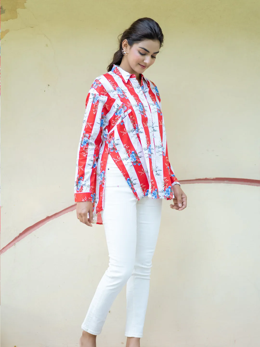 Striped Oversized Floral Cotton Shirt