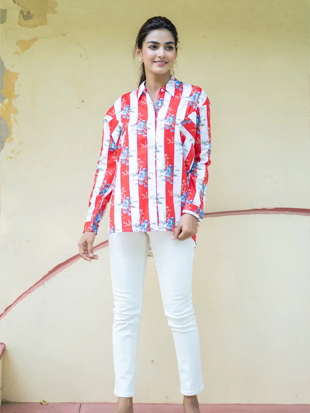 Striped Oversized Floral Cotton Shirt