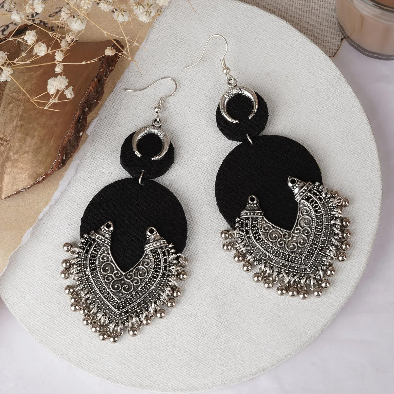 Teejh Aashna Black Fabric and Silver Oxidised Earring