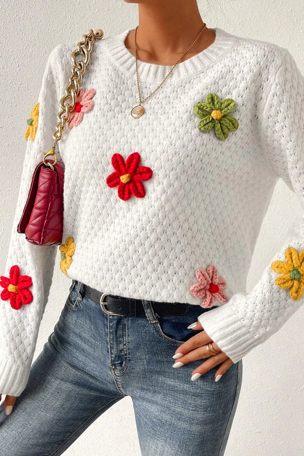 White Colorful Flower Applique Textured Knit Sweater