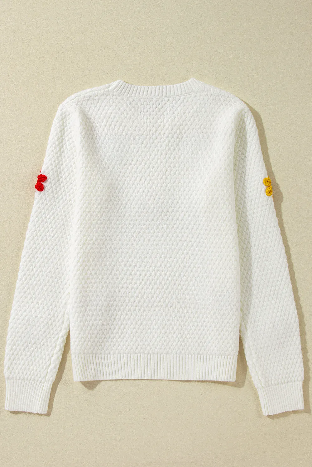 White Colorful Flower Applique Textured Knit Sweater