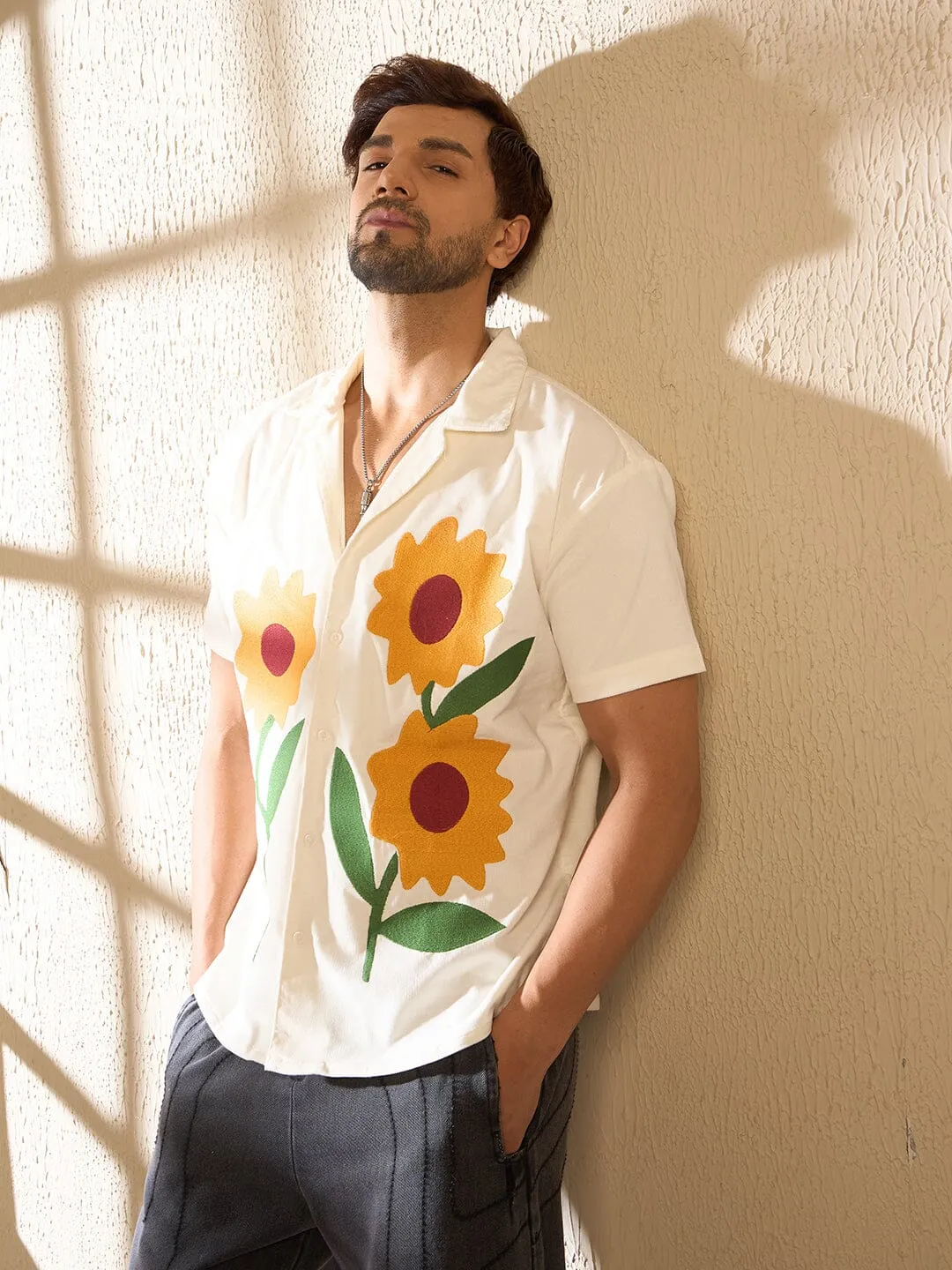 White Corduroy Sunflower Cuban Shirt