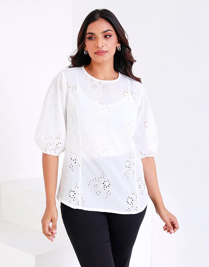 White Cut Lawn Top with Puff Sleeves