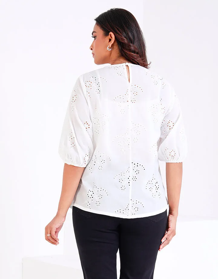 White Cut Lawn Top with Puff Sleeves