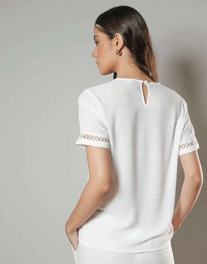 White Lace Work Top with Back Keyhole