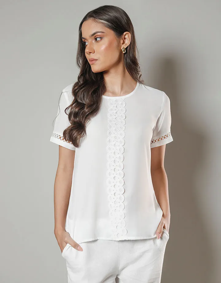 White Lace Work Top with Back Keyhole