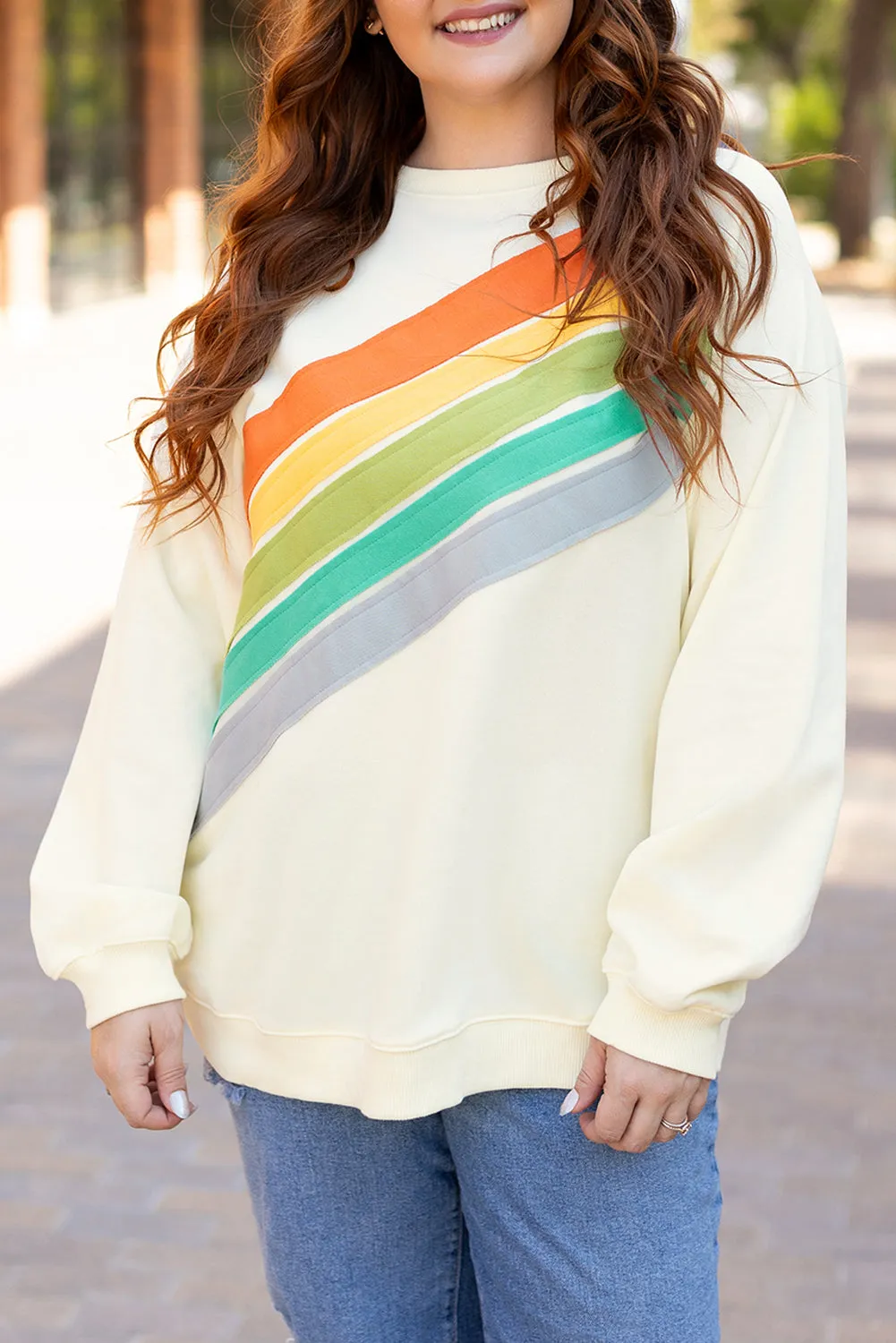 white Rainbow Raglan Sleeve Crew Neck Plus Size Sweatshirt