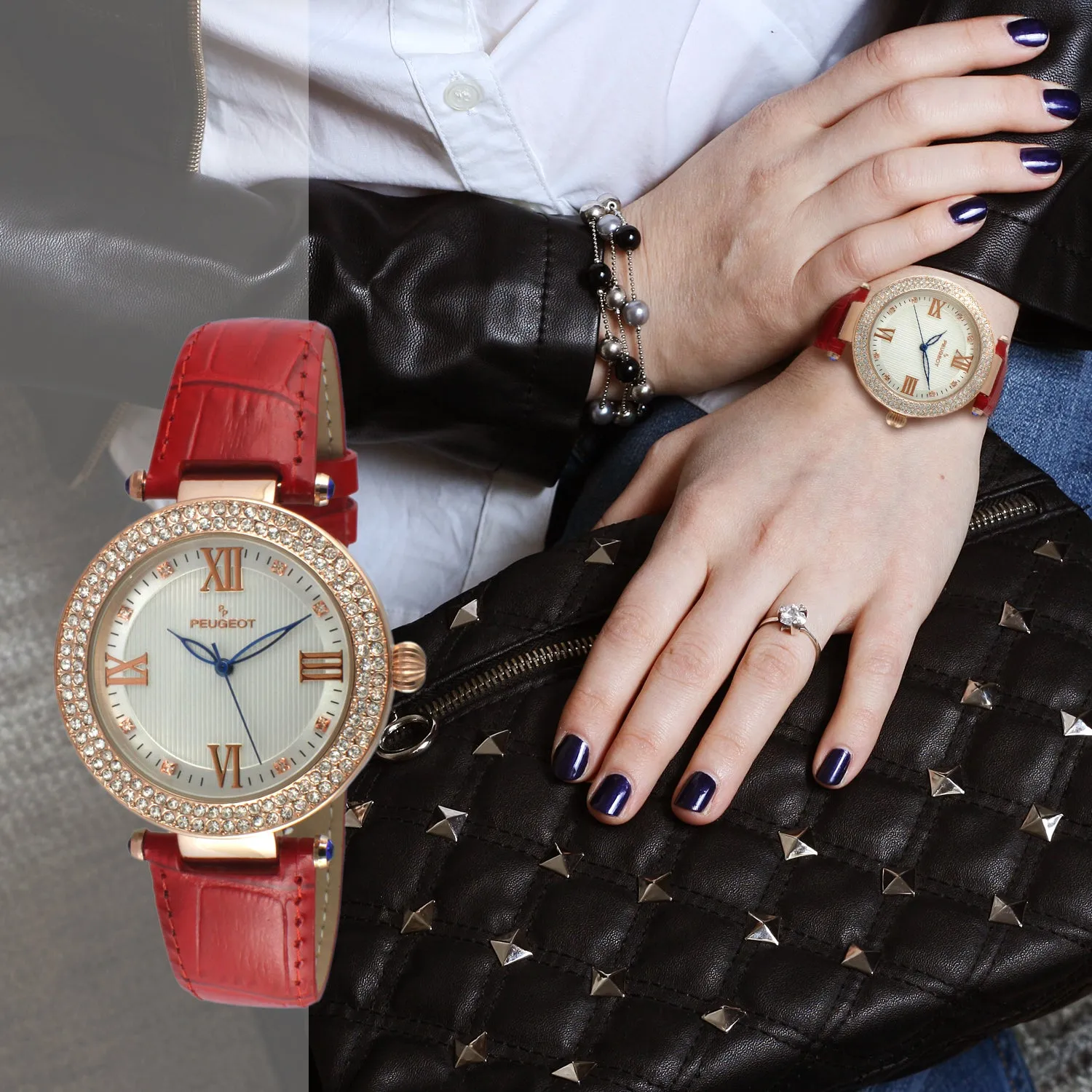 Women's 38mm Red Watch Crystal Bezel Leather Strap