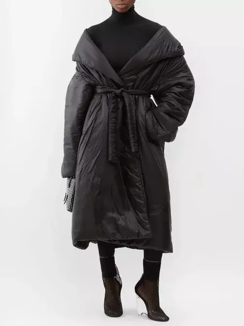 Women’s Belted Padded Wrap Coat in Black