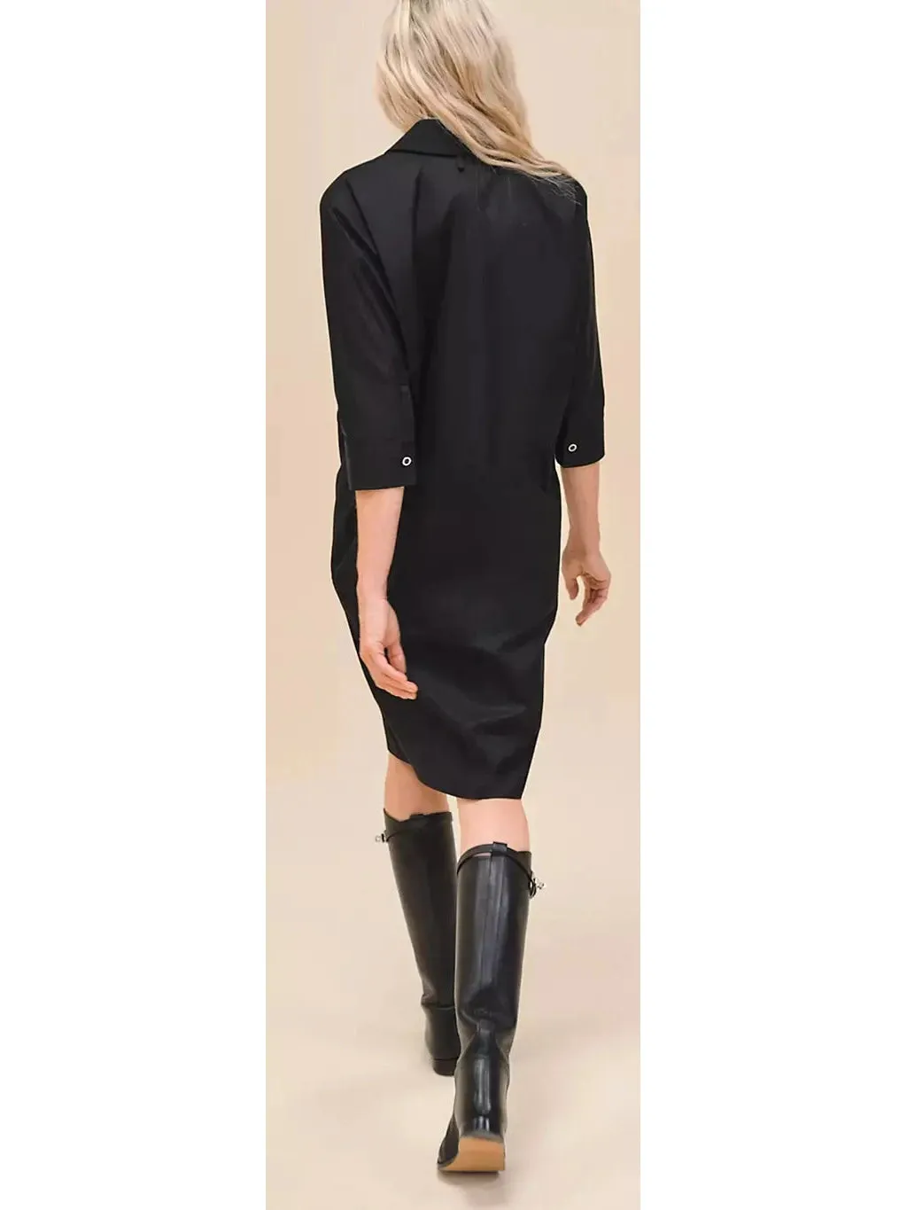 Women’s Belted Shirt Dress in Cotton Twill, Black