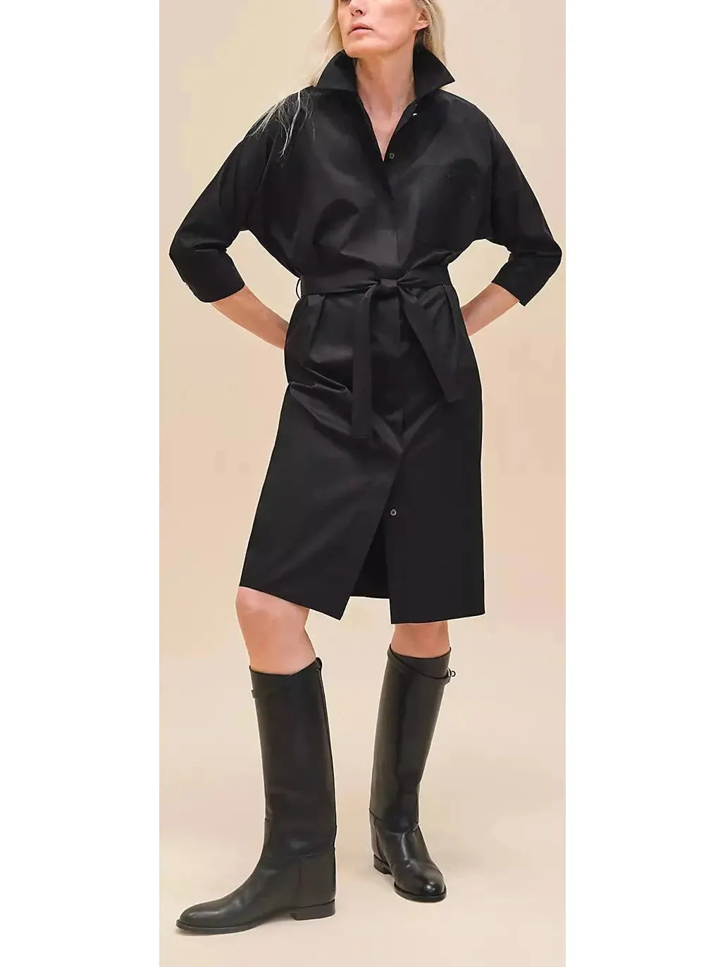 Women’s Belted Shirt Dress in Cotton Twill, Black