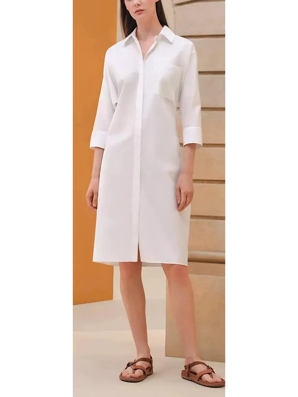 Women’s Belted Shirt Dress in Cotton Twill, White