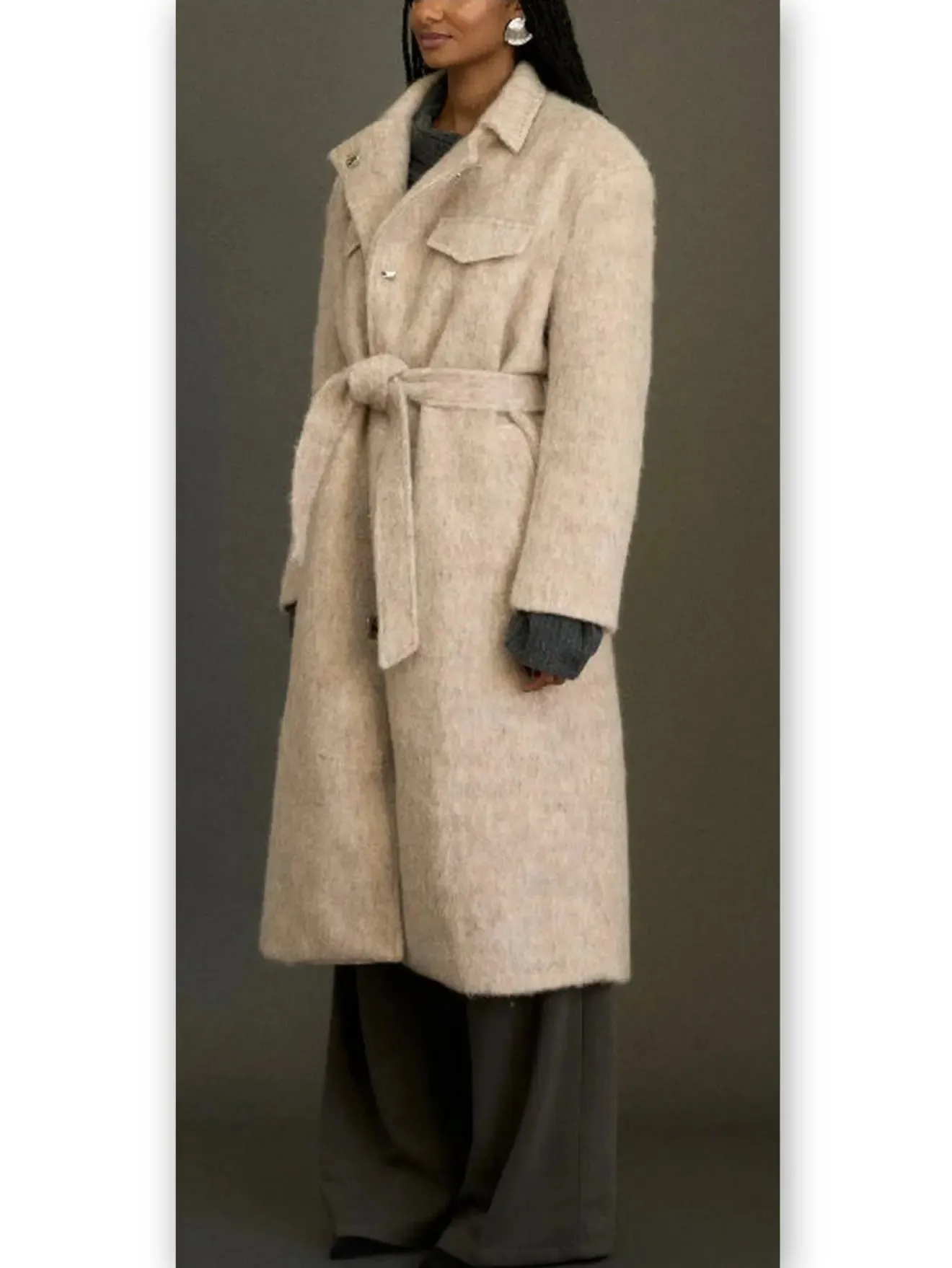 Women’s Belted Single-Breasted Mohair-Look Textured Coat