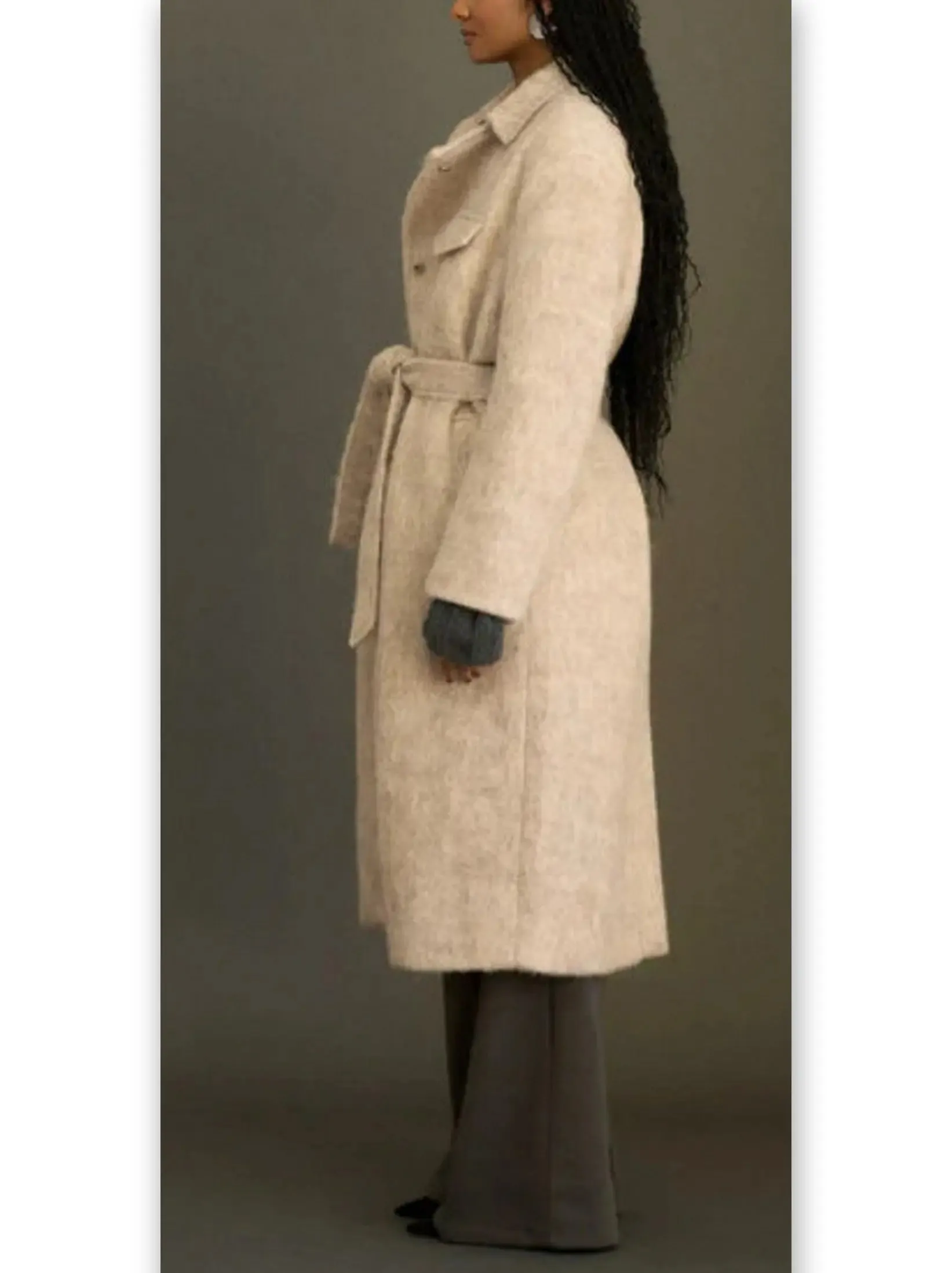 Women’s Belted Single-Breasted Mohair-Look Textured Coat