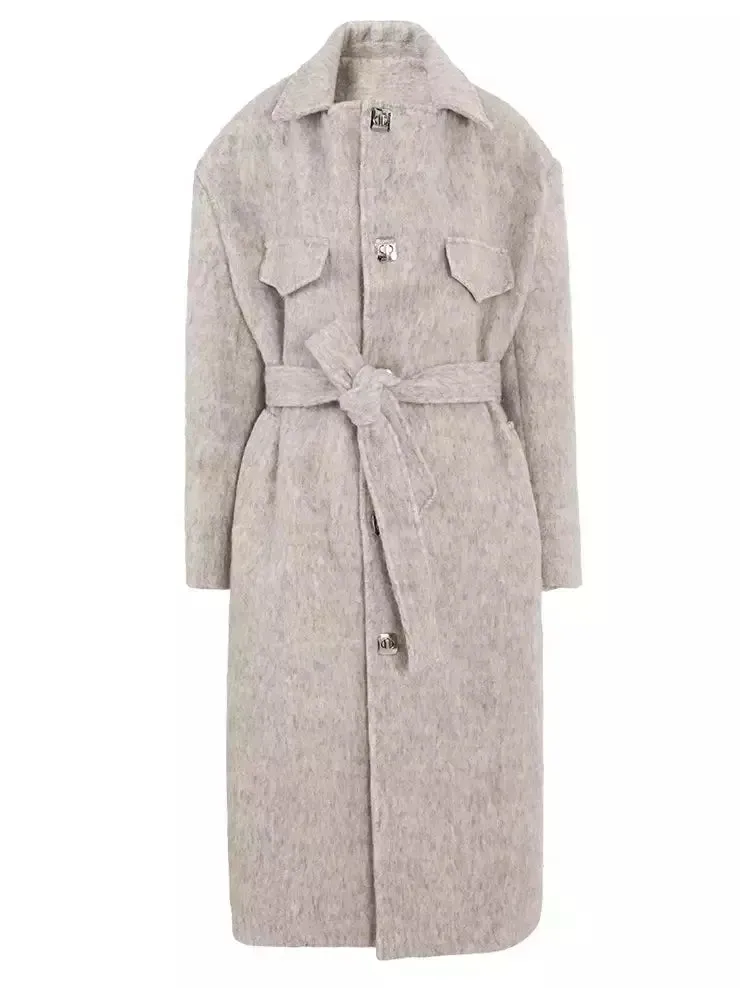 Women’s Belted Single-Breasted Mohair-Look Textured Coat