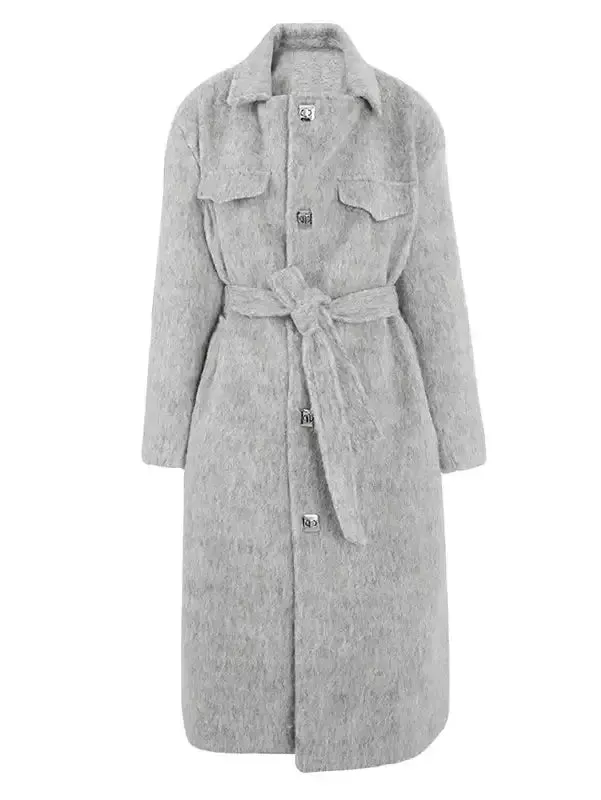 Women’s Belted Single-Breasted Mohair-Look Textured Coat