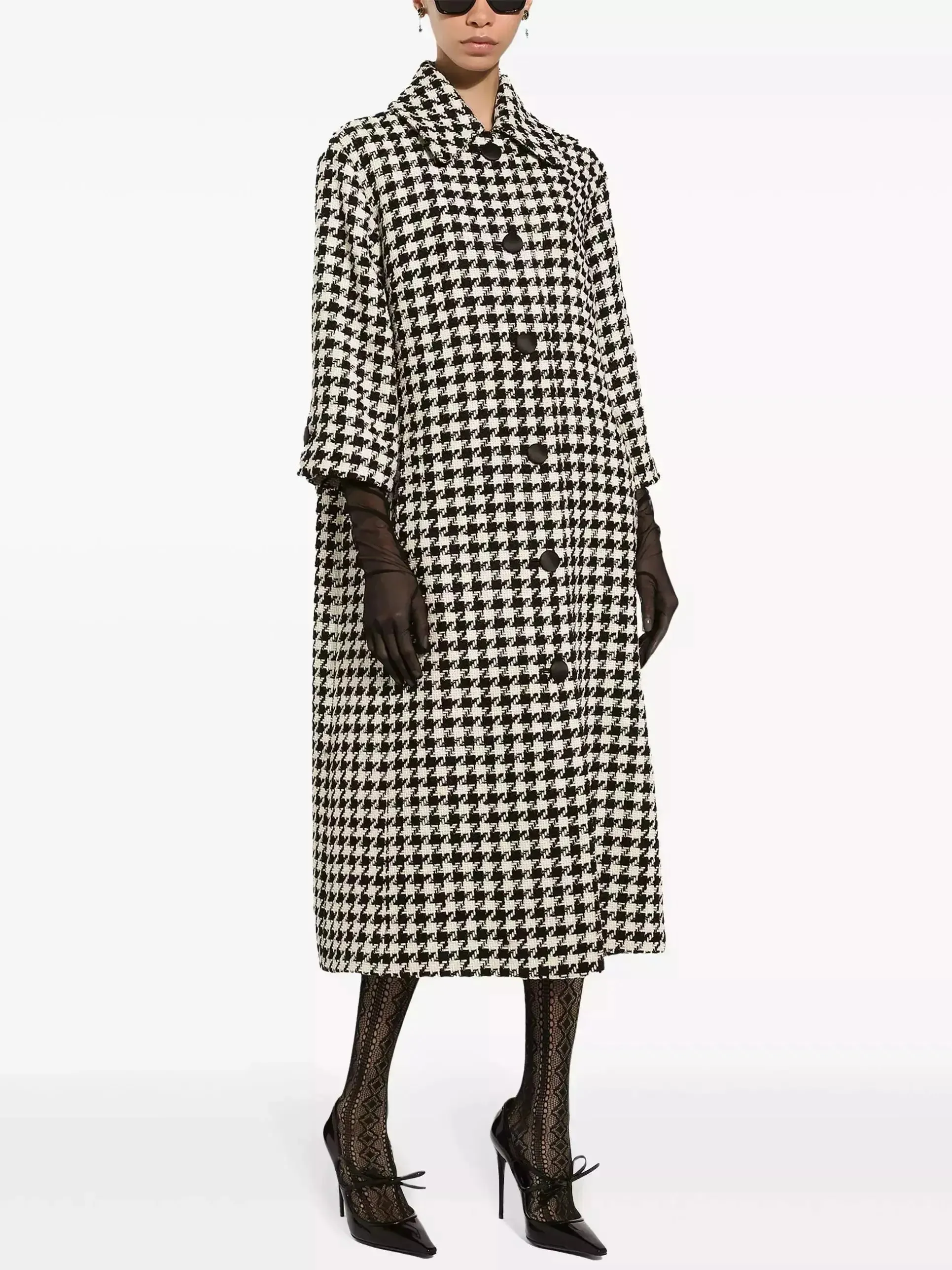 Women’s Black and White Houndstooth Single-Breasted Coat