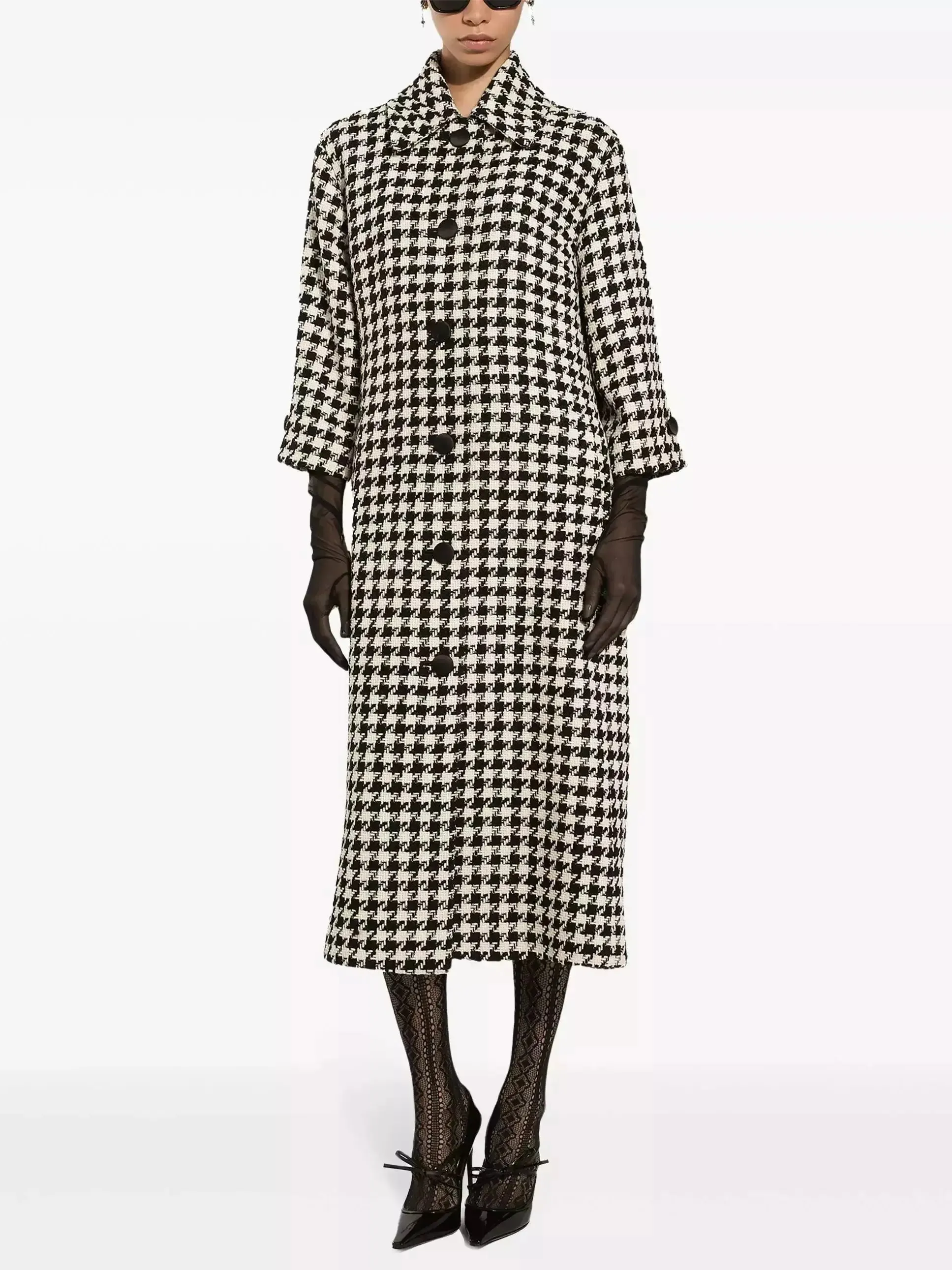 Women’s Black and White Houndstooth Single-Breasted Coat