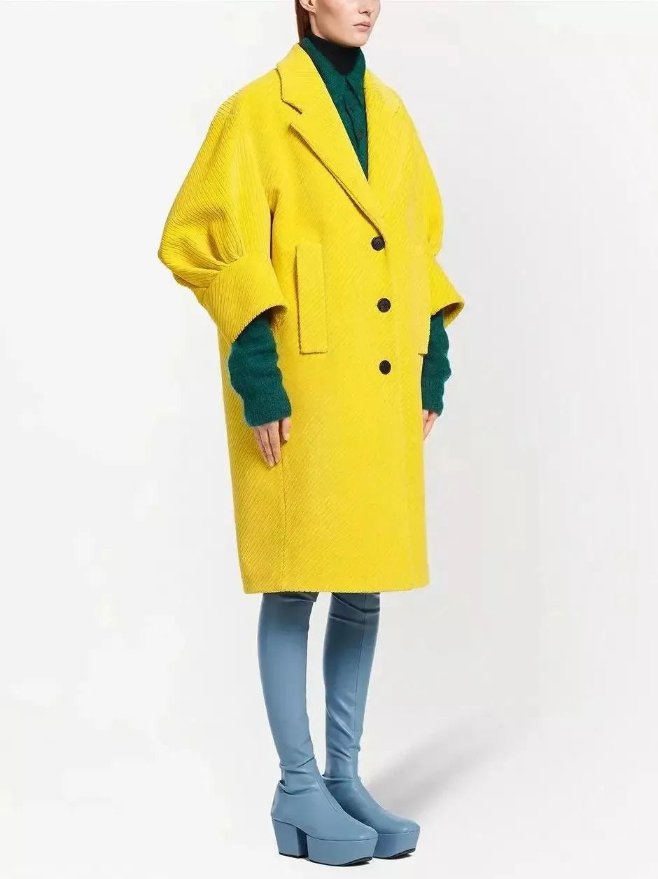 Women’s Corduroy Coat with Puff-Sleeves in Yellow