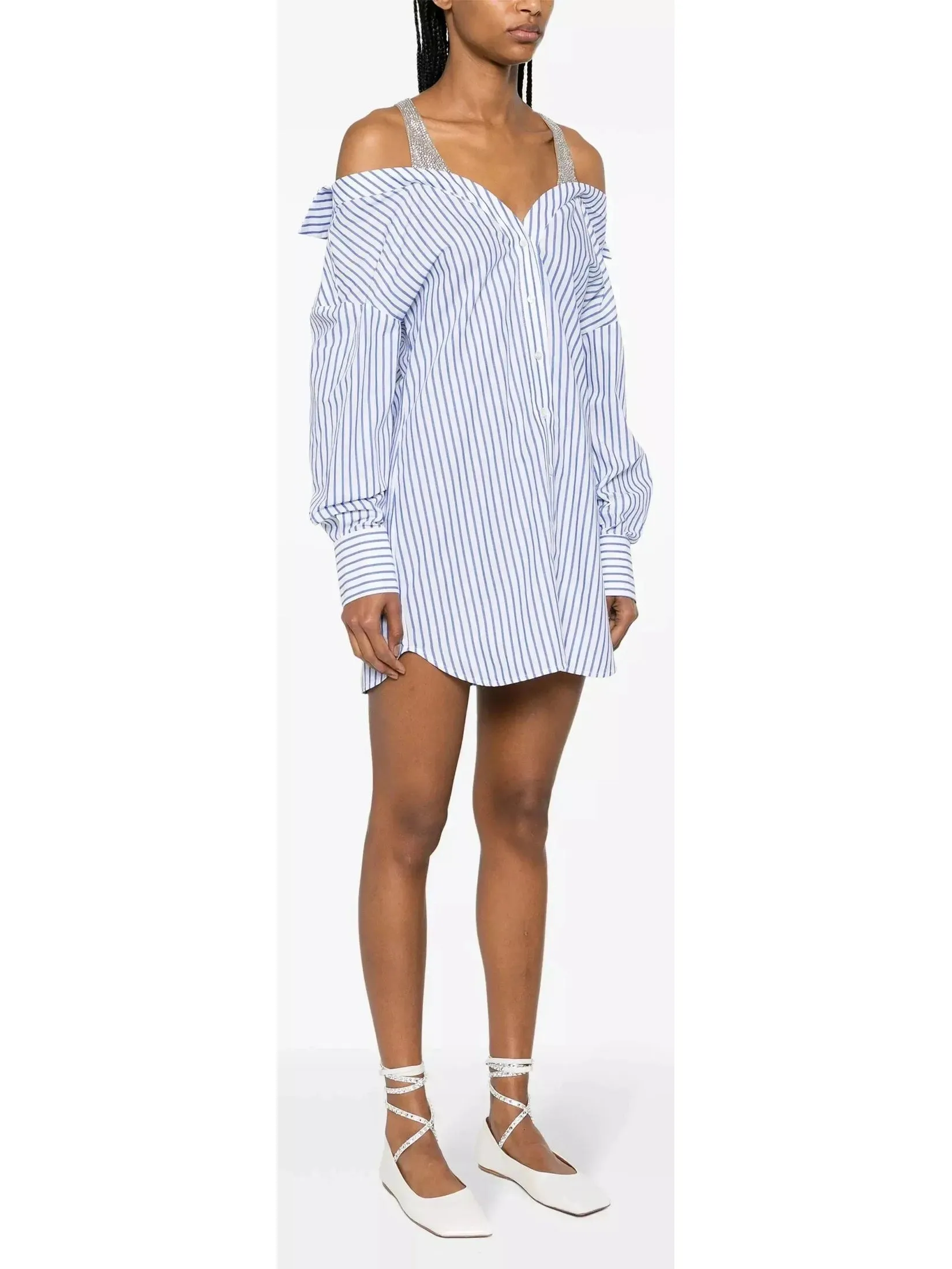 Women’s Crystal-Detailed Layered Striped Shirt Mini Dress