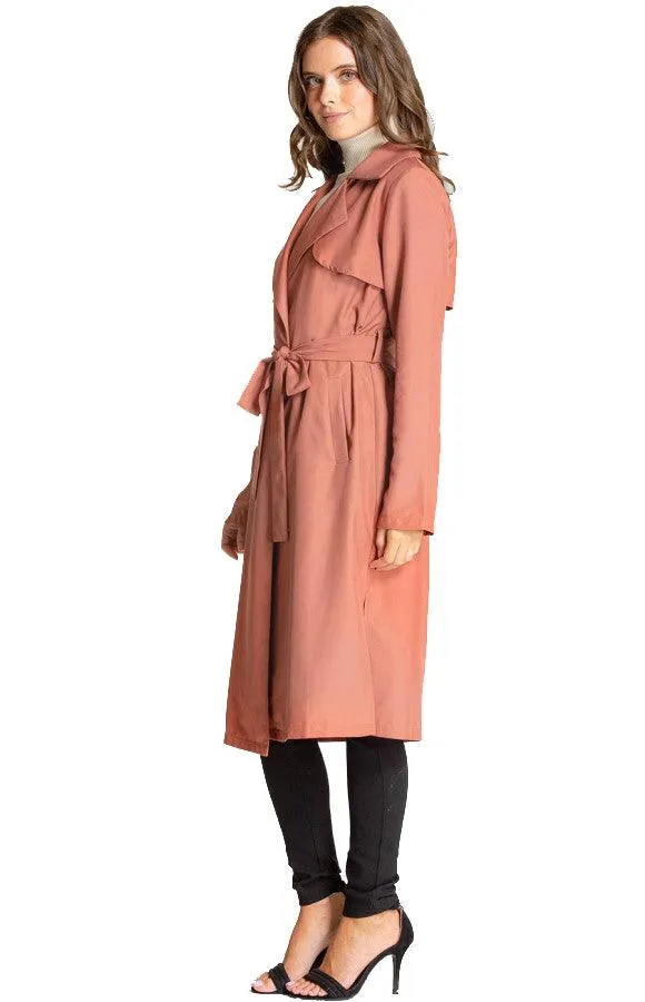 Women's Terracotta Collared Long Trench Jacket with Belt Feature