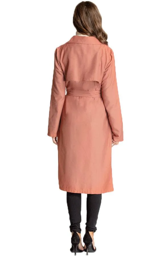 Women's Terracotta Collared Long Trench Jacket with Belt Feature