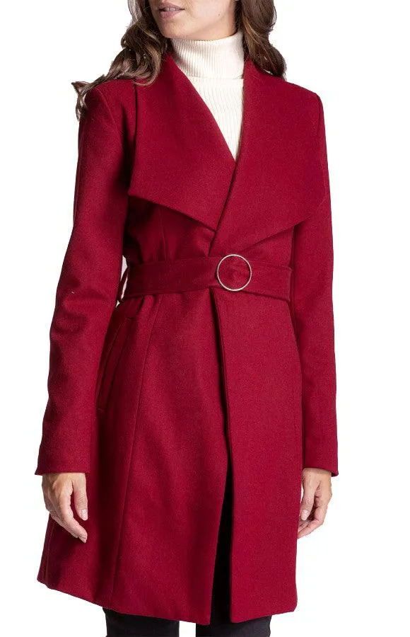 Women's Wine Wrap Coat with Circle Buckle